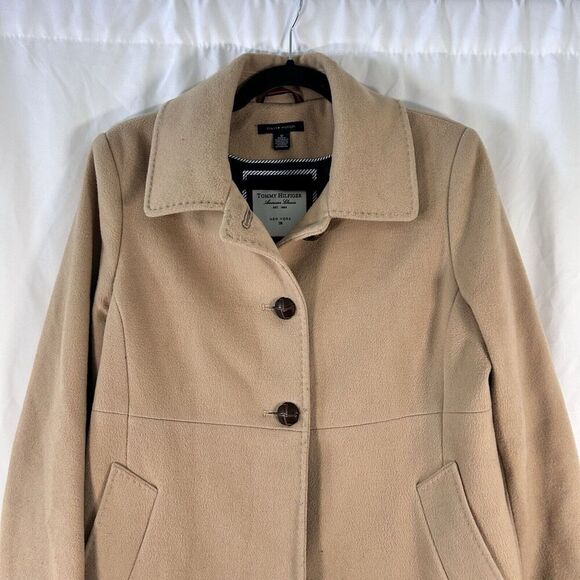 Tommy Hilfiger Long Coat Women's 12 Beige Wool Cashmere Blend 2 Button Front - Picture 2 of 10